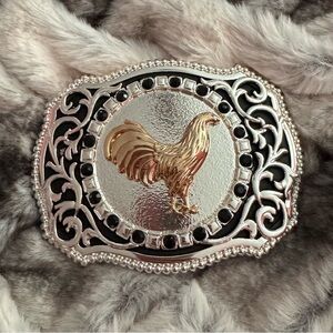 Silver with Black Gold Rooster Belt Buckle